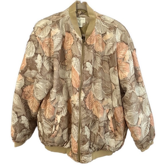 Casual Corner Jackets & Blazers - CASUAL CORNER Vintage Silk Bomber Jacket Autumn Fall Camo Foliage Print Sz M